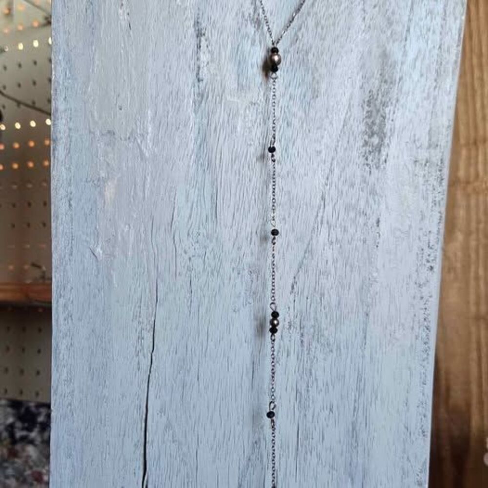 Pre-Owned Gunmetal Y-Drop Necklace with Black Beads | Long Lariat Style